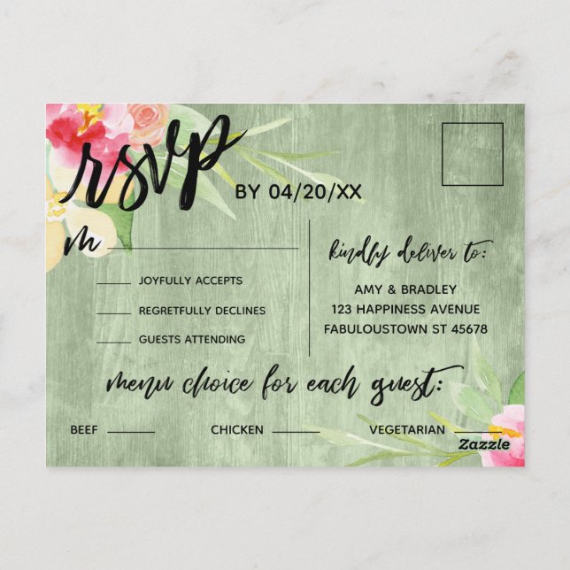 Rustic Green Wood Boho Flowers Menu Choice Postcard (Back)