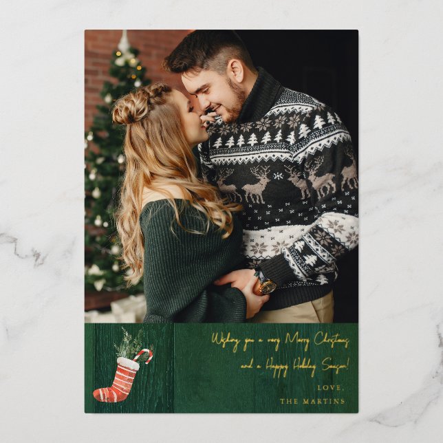 Rustic Green Wood & Christmas Stocking Note Photo (Front)