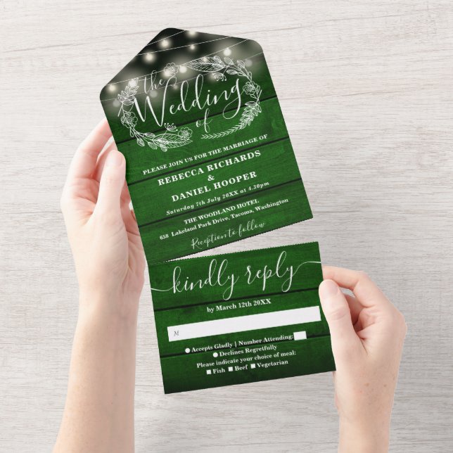 Rustic Green Wood Floral String Lights Wedding All In One Invitation (Tearaway)