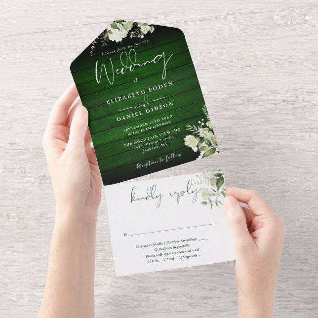 Rustic Green Wood Greenery Floral Wedding All In One Invitation (Tearaway)