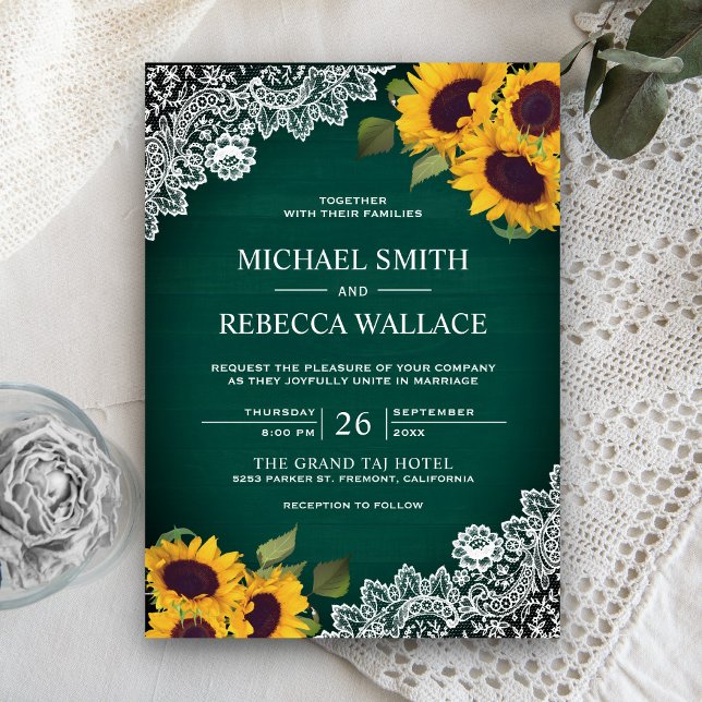 Rustic Green Wood Lace Sunflower Wedding Invitation (Creator Uploaded)
