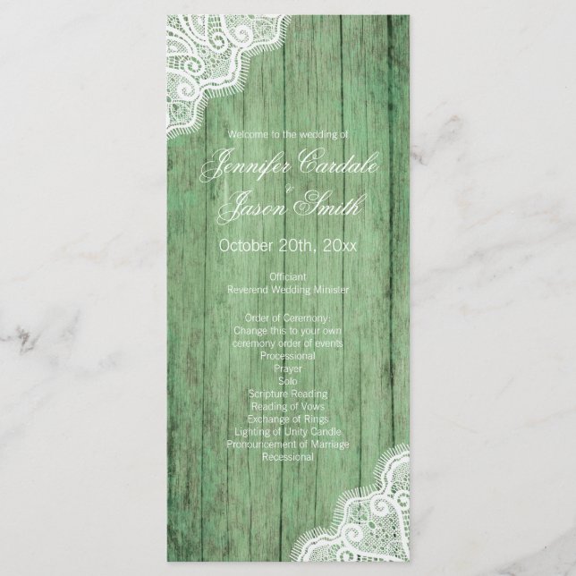Rustic Green Wood Lace Vertical Wedding Programs Programme (Front)