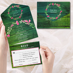 Rustic Green Wood Pink Floral Country Wedding RSVP All In One Invitation