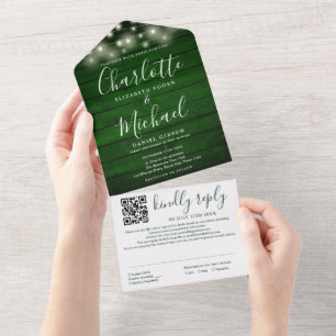 Rustic Green Wood String Lights QR Code Wedding All In One Invitation