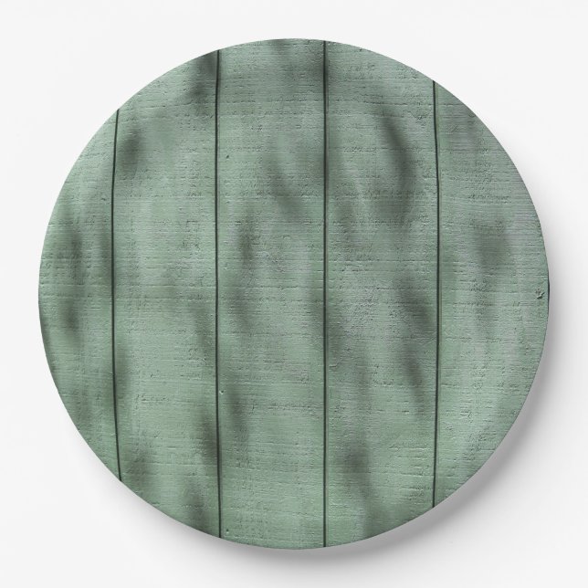 Rustic Green Wood Wall with Dappled Shadows/Light Paper Plate (Front)