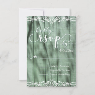 Rustic Green Wood White Scrollwork RSVP Card