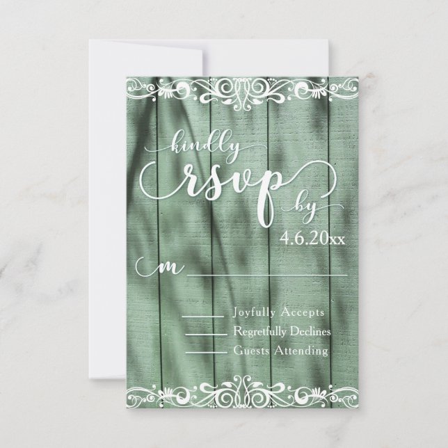 Rustic Green Wood White Scrollwork RSVP Card (Front)