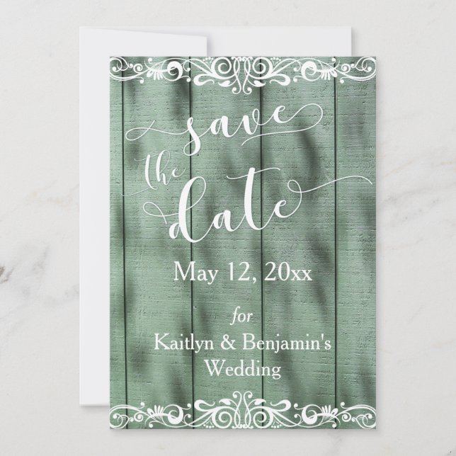 Rustic Green Wood White Scrollwork Save the Date (Front)
