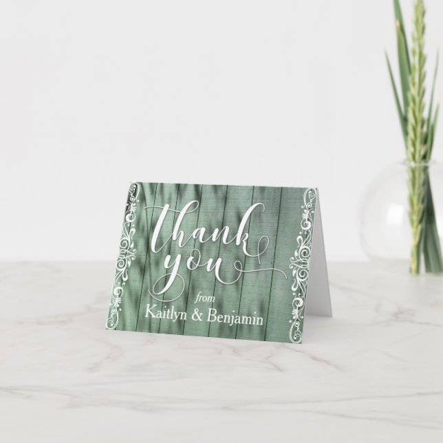 Rustic Green Wood White Scrollwork Thank You 1 Card (Front)