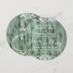 Rustic Green Wood White Scrollwork Wedding 2c Invitation