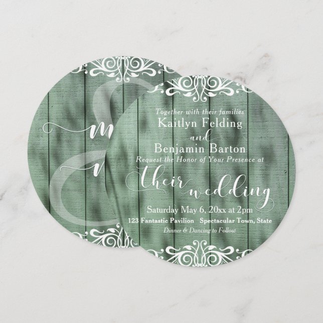 Rustic Green Wood White Scrollwork Wedding 2c Invitation (Front/Back)