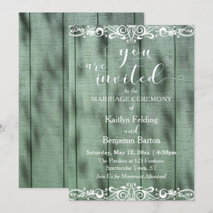 Rustic Green Wood White Scrollwork Wedding Invitation