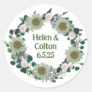 Rustic Green Woodland Wedding Floral Wreath Classic Round Sticker