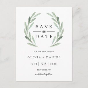 Rustic Green Wreath Simple Wedding Save the Date Announcement Postcard