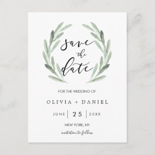 Rustic Green Wreath Simple Wedding Save the Date Announcement Postcard