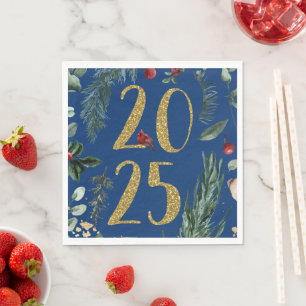 Rustic Greenery 2025 Blue New Years Holiday  Napkin