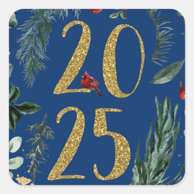 Rustic Greenery 2025 Blue New Years Holiday  Square Sticker (Front)