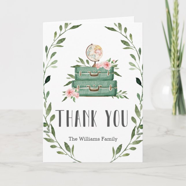 Rustic Greenery Adventure Baby Shower Suitcases Thank You Card (Front)
