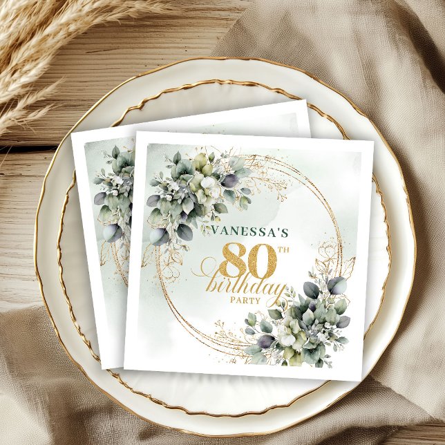 Rustic Greenery and Gold 80th Birthday Napkins (Rustic Greenery and Gold 80th Birthday Napkins)