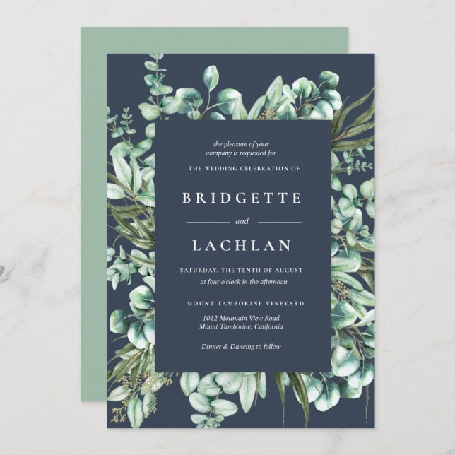 Rustic Greenery and Navy Eucalyptus Wedding Invitation (Front/Back)