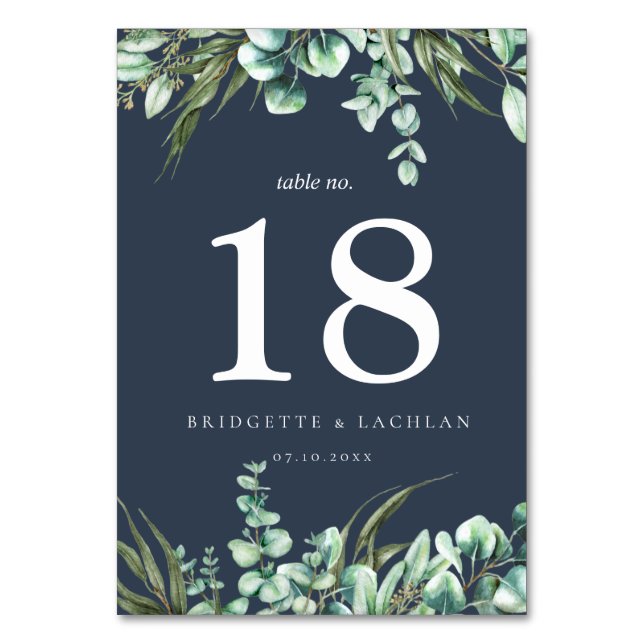 Rustic Greenery and Navy Eucalyptus Wedding Table Number (Front)