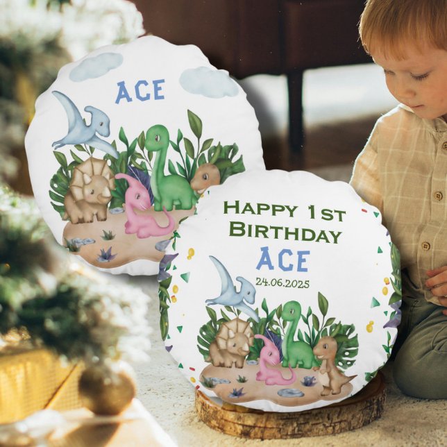 Rustic Greenery Baby Dinosaurs Wild One Birthday Round Cushion (Creator Uploaded)