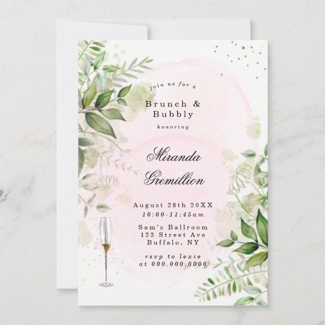 Rustic Greenery Blush Pink Airy Brunch & Bubbly Invitation (Front)
