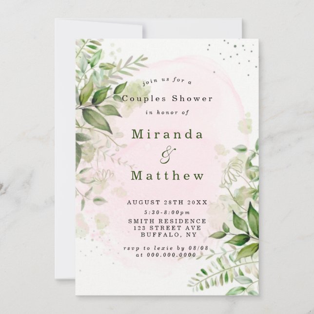 Rustic Greenery Blush Pink Couples Shower Invites (Front)