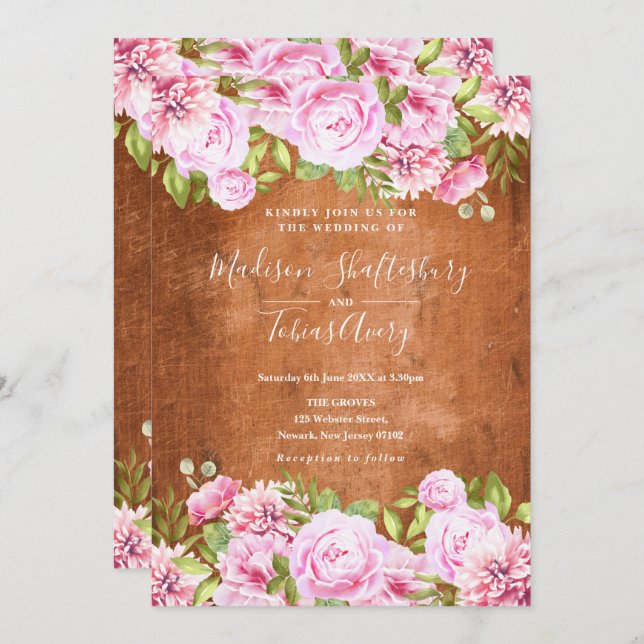Rustic Greenery Blush Pink Peony Wedding Invitation (Front/Back)