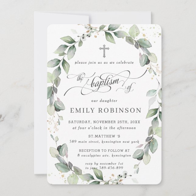 Rustic Greenery Botanical Wreath Silver Baptism Invitation (Front)