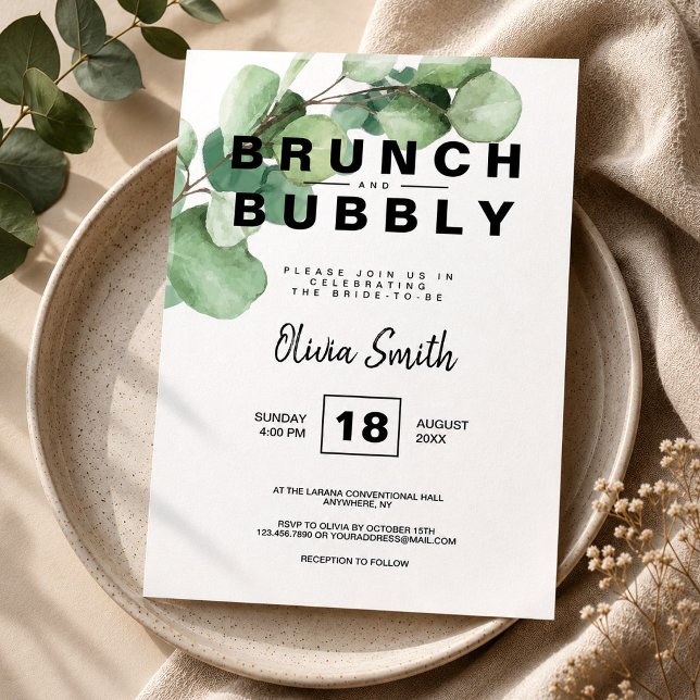 Rustic Greenery Brunch and Bubbly Bridal Shower Invitation (Brunch and Bubbly Bridal Shower Rustic Greenery Invitation, Eucalyptus Invitation)