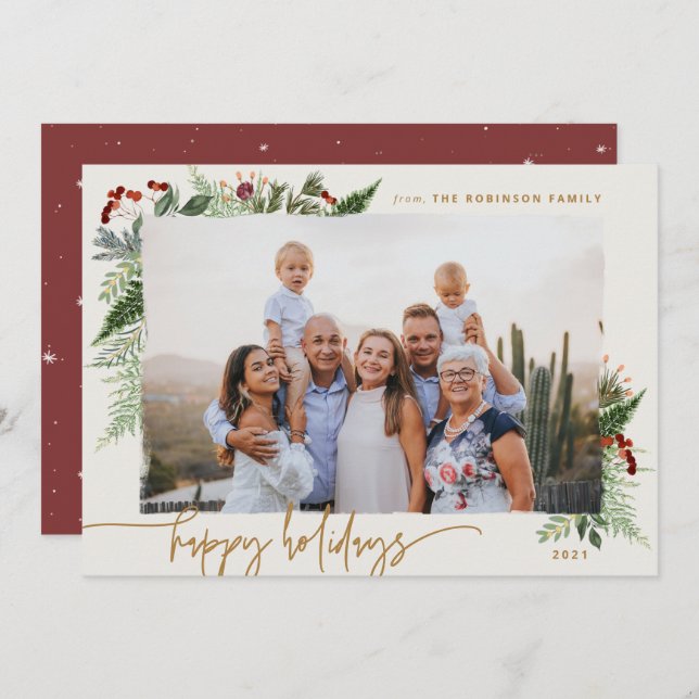Rustic Greenery Burgundy Beige Gold Photo Holiday Card (Front/Back)