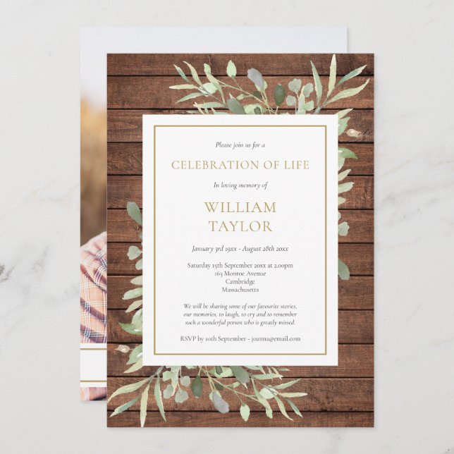 Rustic Greenery Celebration of Life Photo Funeral  Invitation (Front/Back)