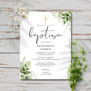Rustic Greenery Chic Monogram Baptism Invitation Postcard