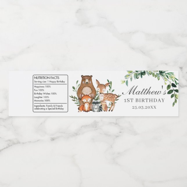Rustic Greenery Chic Woodland Animals 1st Birthday Water Bottle Label (Single Label)
