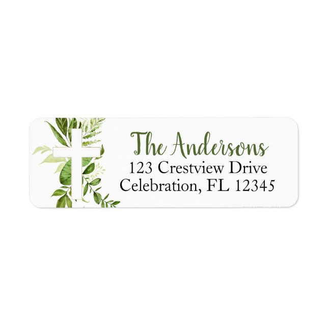 Rustic Greenery Cross Baptism Return Address (Front)