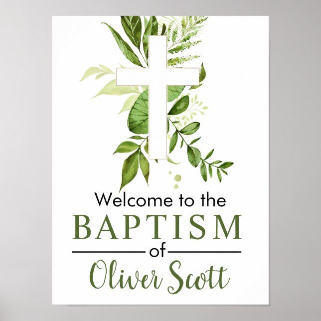 Rustic Greenery Cross Boy Baptism Welcome Poster (Front)