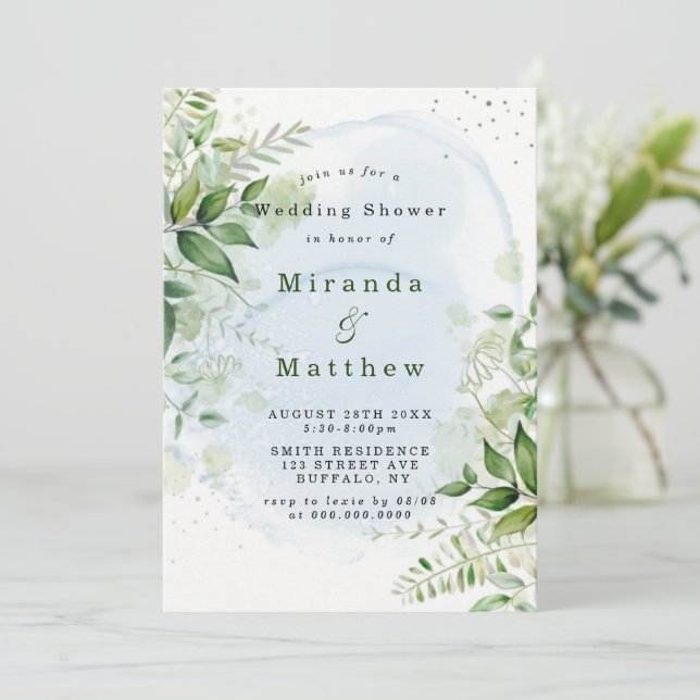 Rustic Greenery Dusty Blue Couples Shower Invites (Standing Front)