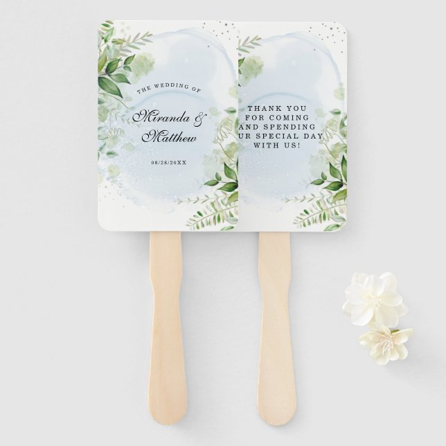 Rustic Greenery Dusty Blue Wedding Thank You  Hand Fan (Front and Back)