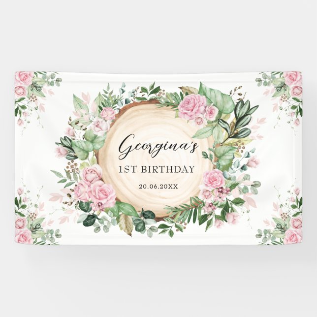 Rustic Greenery Dusty Pink Floral Girls Birthday Banner (Horizontal)