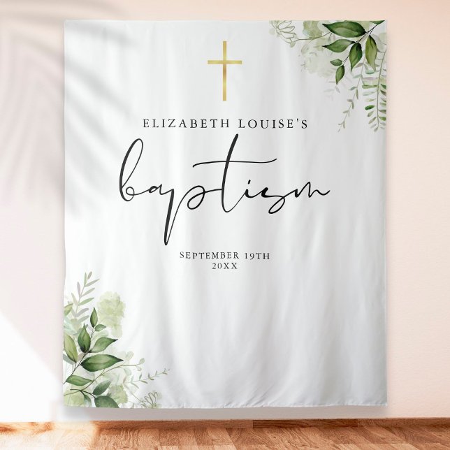 Rustic Greenery Elegant Baptism Photo Backdrop Tapestry (Creator Uploaded)