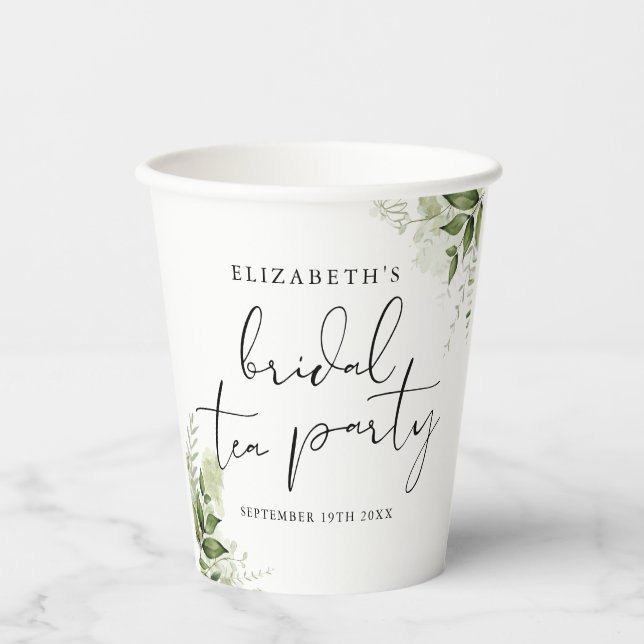 Rustic Greenery Elegant Script Bridal Tea Party Paper Cups (Front)