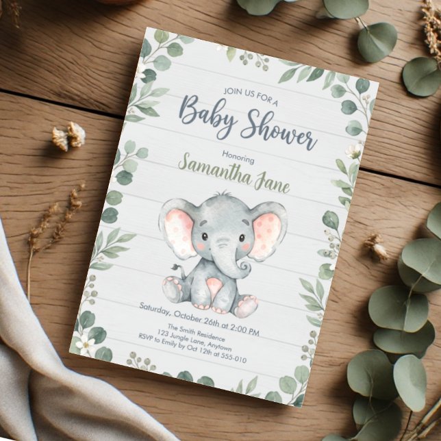 Rustic Greenery Elephant Baby Shower Invitation (Creator Uploaded)