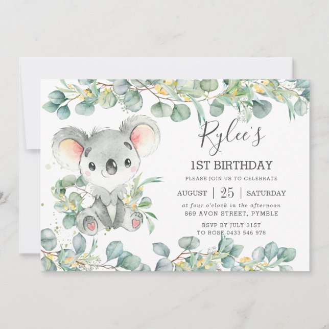 Rustic Greenery Eucalyptus Cute Koala Birthday Invitation (Front)