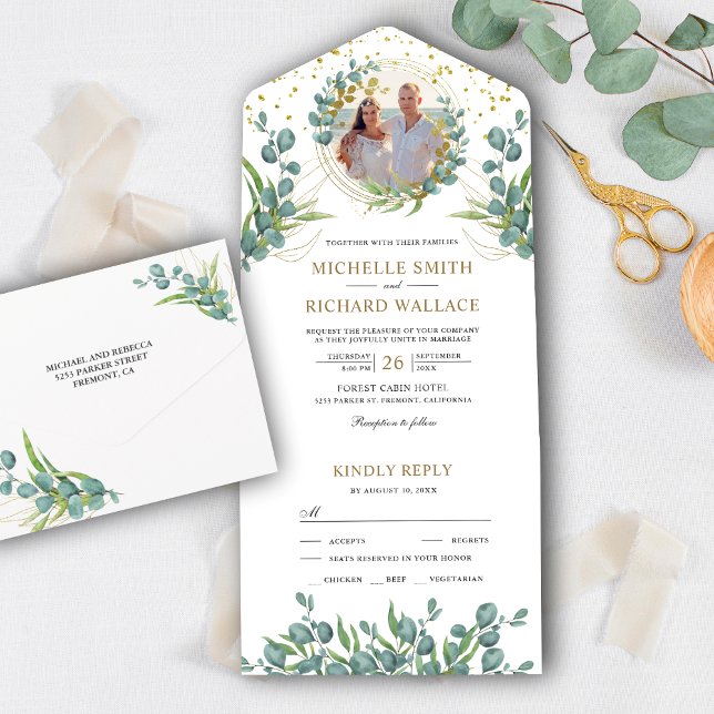 Rustic Greenery Eucalyptus Leaves Photo Wedding All In One Invitation (Creator Uploaded)