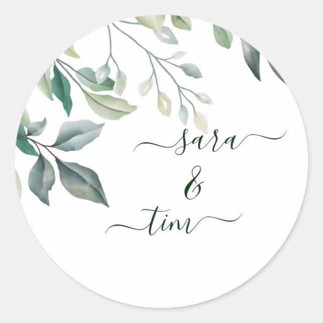 Rustic Greenery Eucalyptus Personalised Wedding Classic Round Sticker (Front)