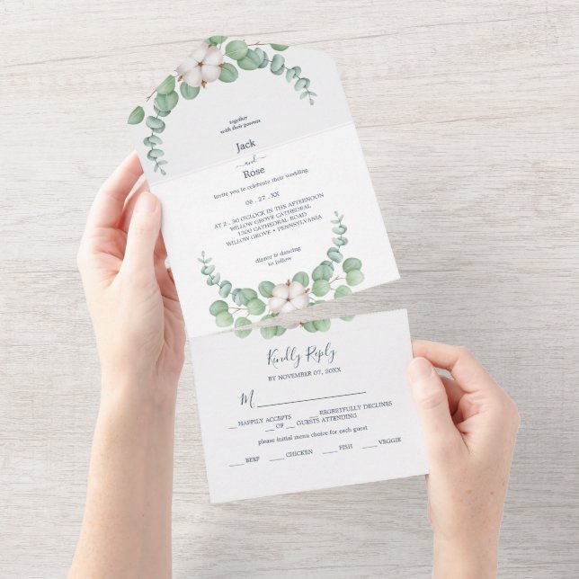 Rustic Greenery Eucalyptus Summer Wedding.  All In One Invitation (Tearaway)