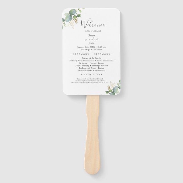   Rustic Greenery Eucalyptus Summer Wedding.  Hand Fan (Front)