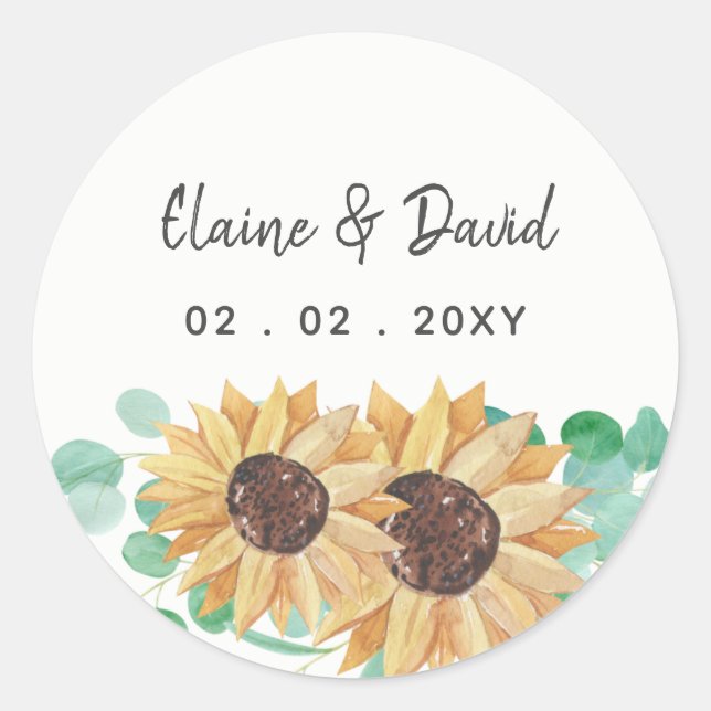 Rustic greenery eucalyptus sunflowers Wedding Classic Round Sticker (Front)