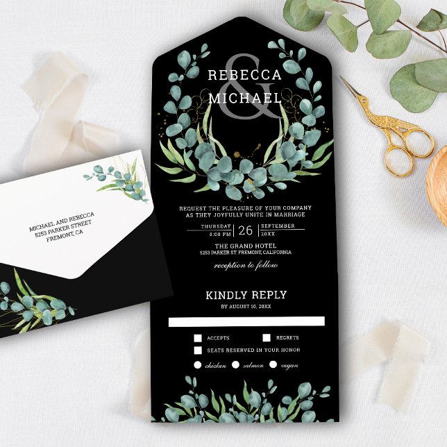 Rustic Greenery Eucalyptus Wreath Black Wedding All In One Invitation (Creator Uploaded)